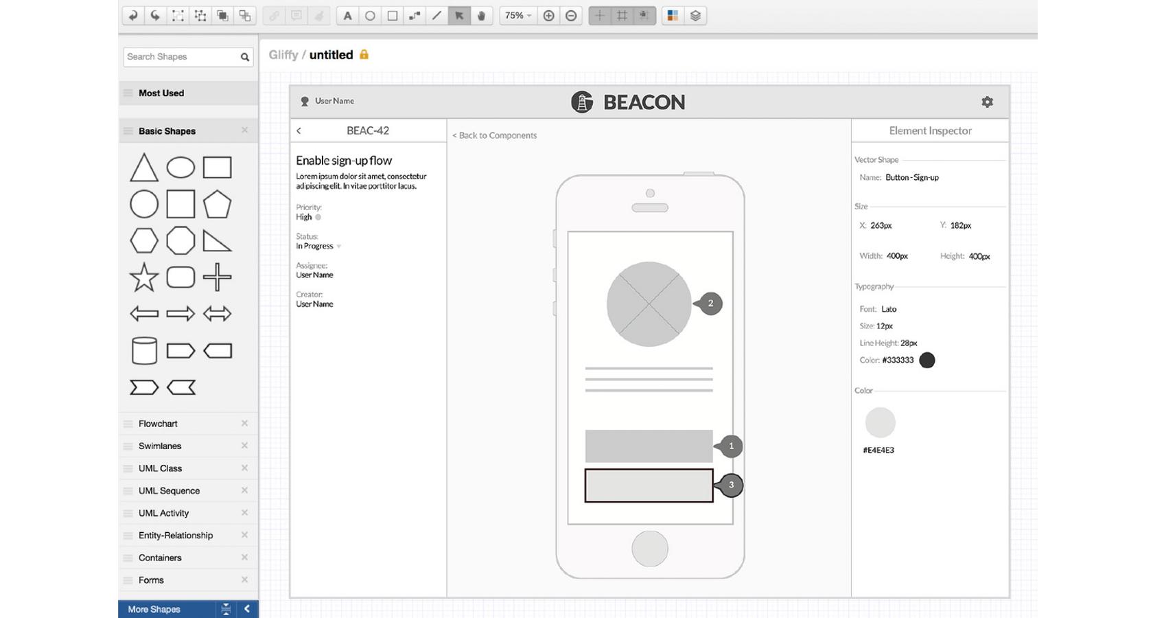 Gliffy is a mid-fidelity wireframe design tool with sharing and wireframing capabilities.