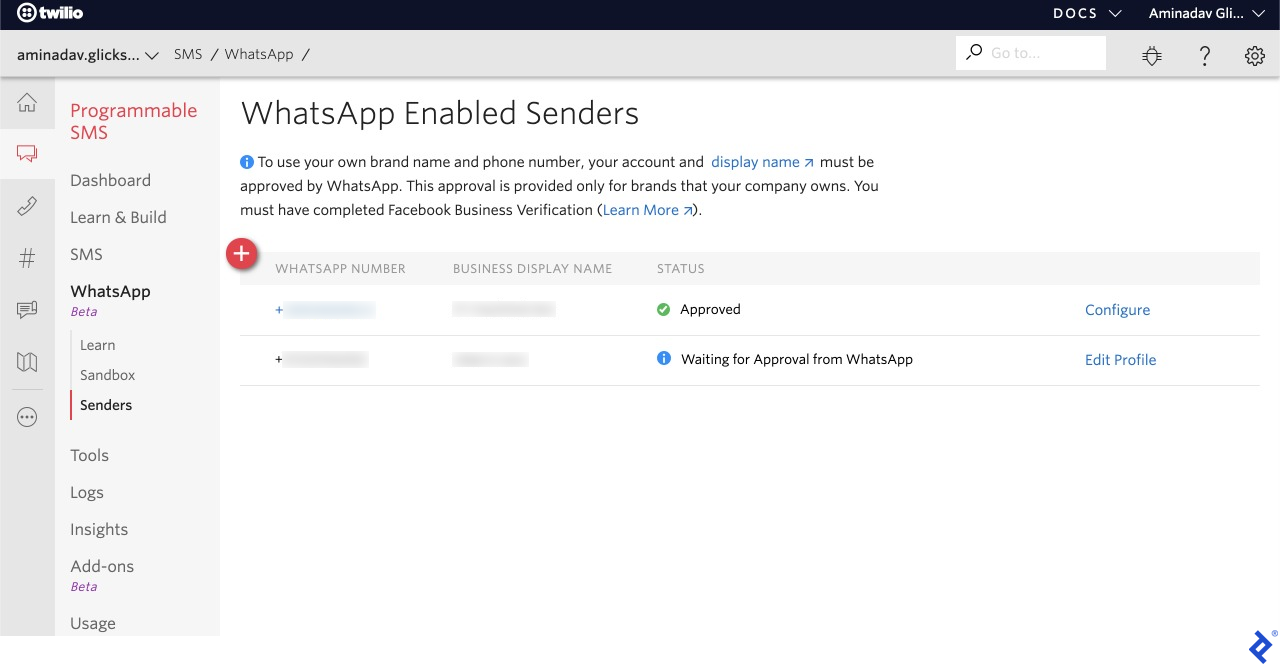 A screenshot of Twilio's "WhatsApp Enabled Senders" page, listing numbers, their business display names, and statuses (one listed is marked Approved, the other, "Waiting for Approval from WhatsApp.")