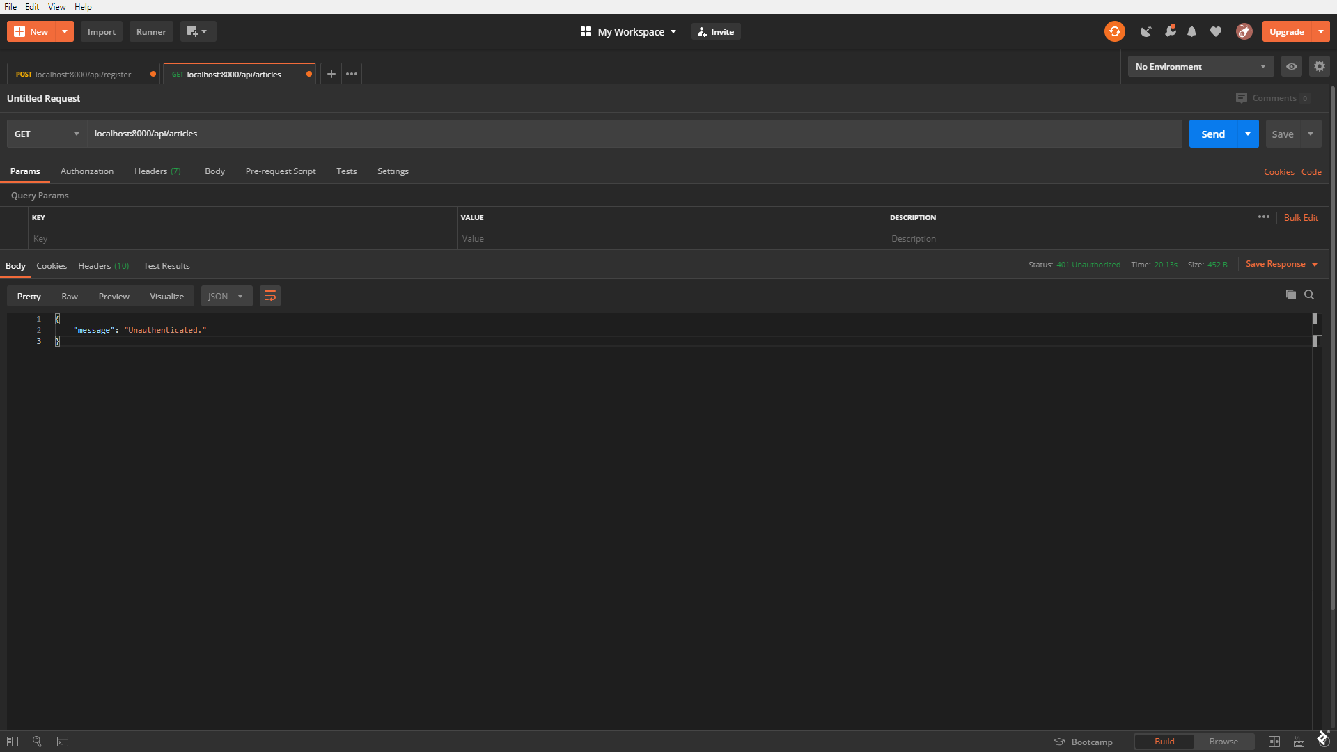 A screenshot of sending a GET request to /api/articles using Postman, receiving a message "Unauthenticated" in response.