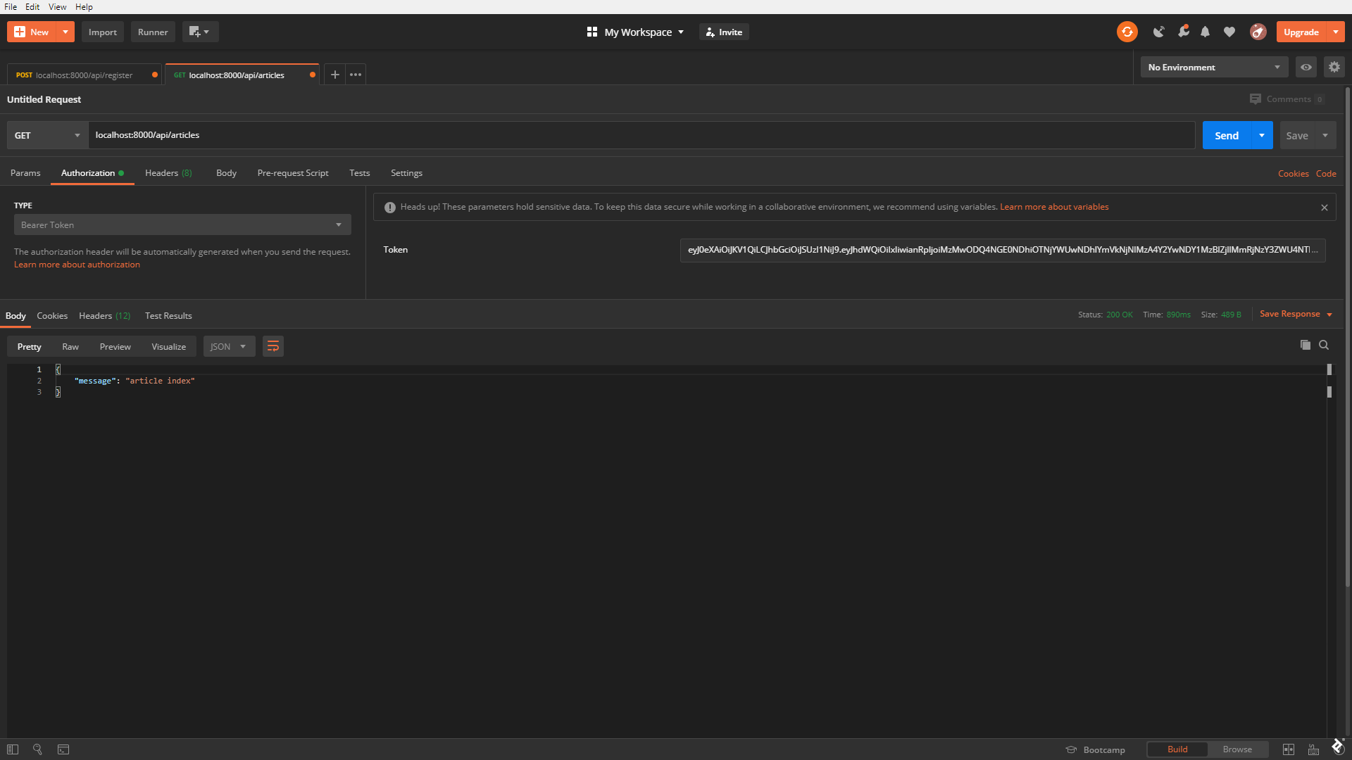 A screenshot of sending a GET request to /api/articles using Postman, with a normal JSON response.