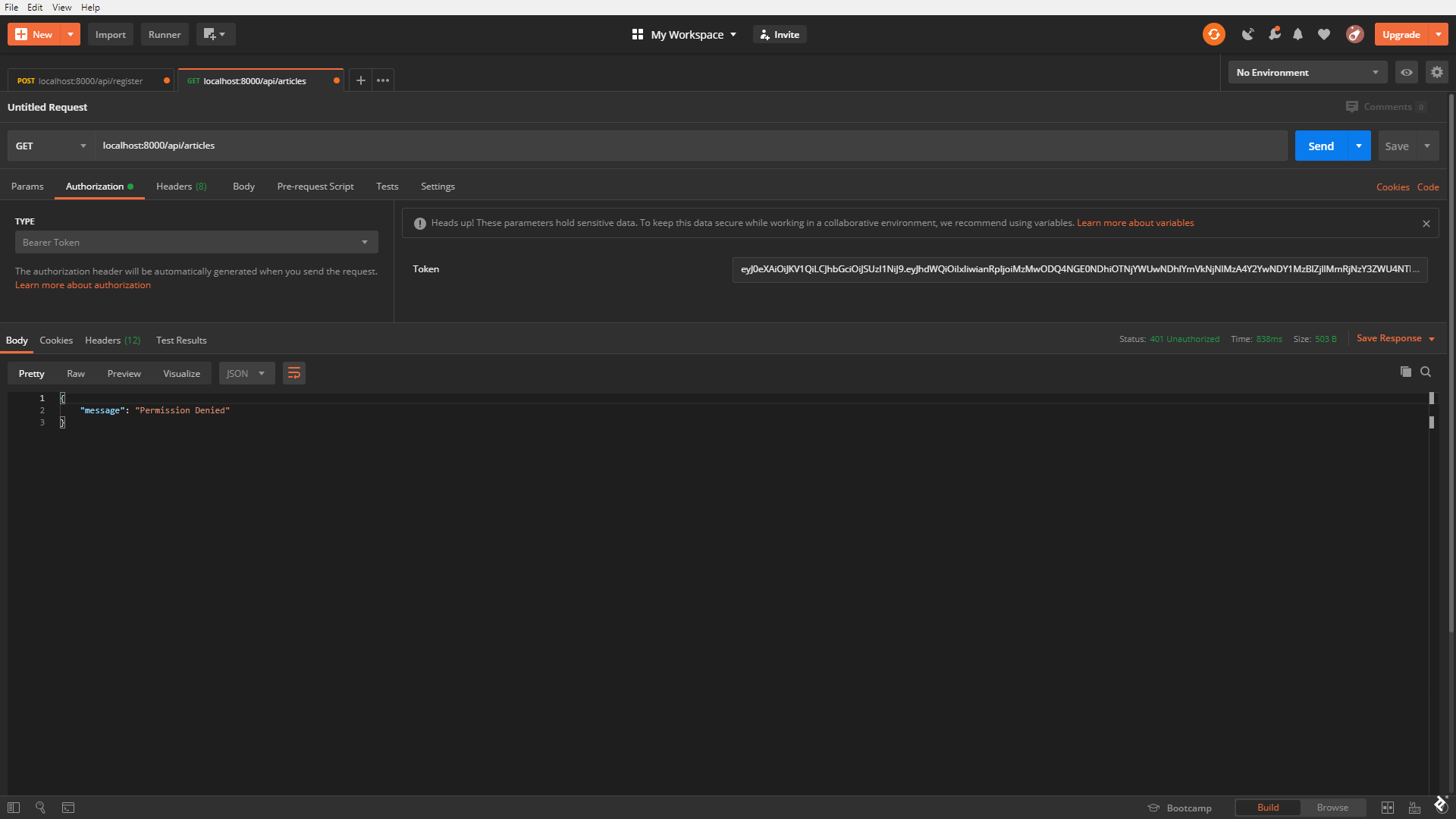 A screenshot of sending a GET request to /api/articles using Postman, with a Permission Denied JSON response.