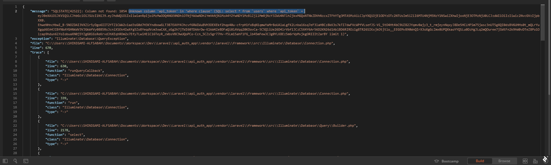 A screenshot of the unknown column error from GETting the api/articles route using Postman.