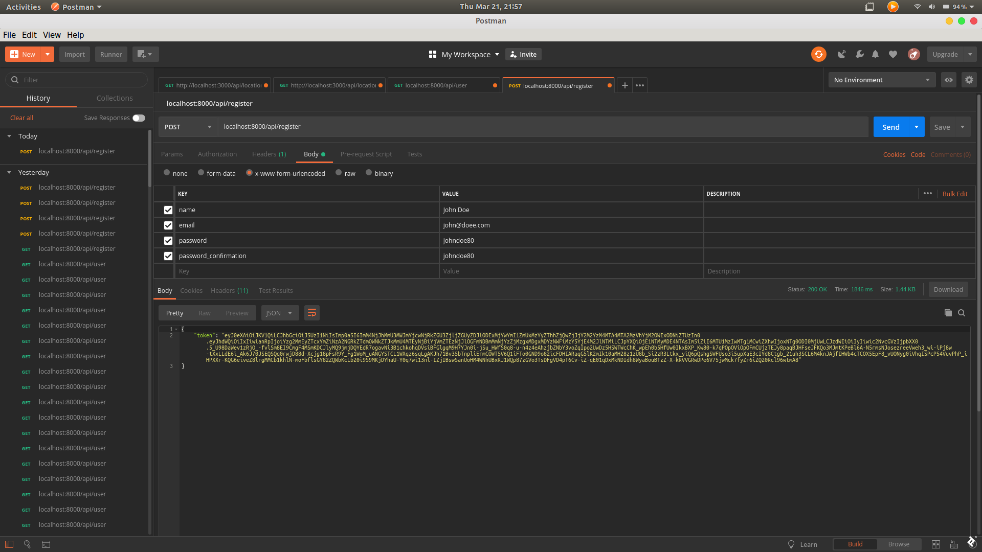 A screenshot of sending a POST request to /api/register using Postman.
