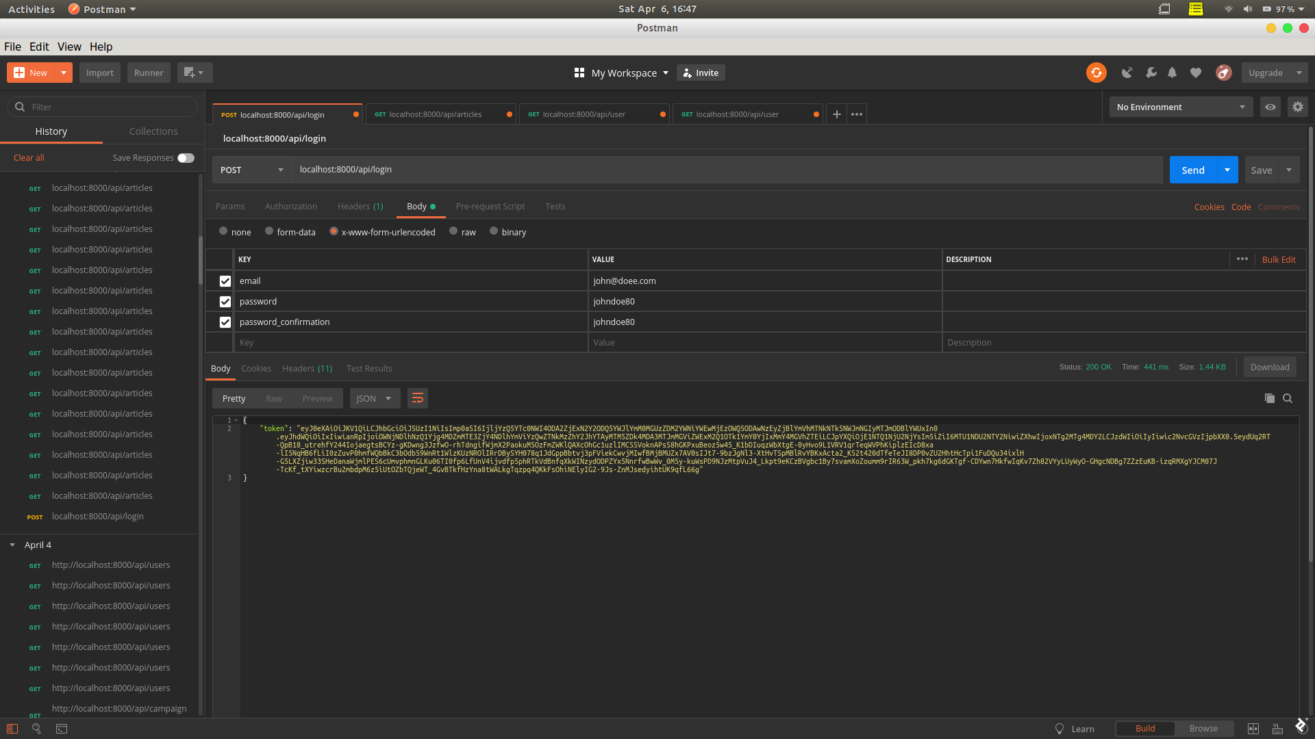 A screenshot of sending a POST request to /api/login using Postman.