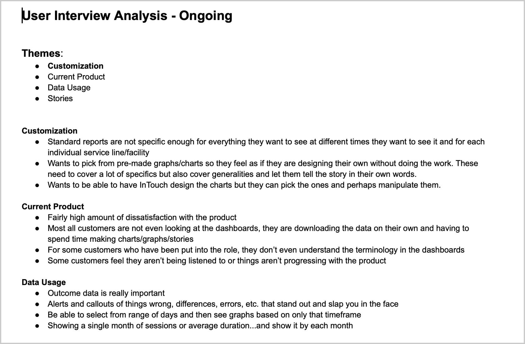 The UX deliverable for the thematic analysis approach