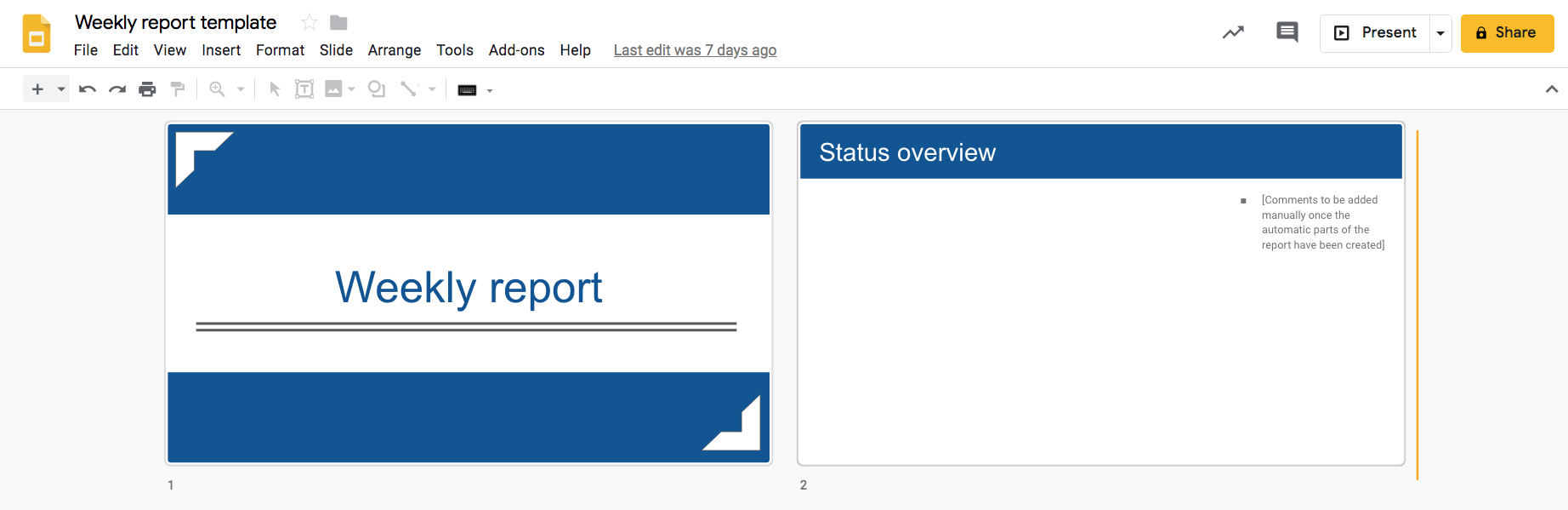 Weekly report template.
