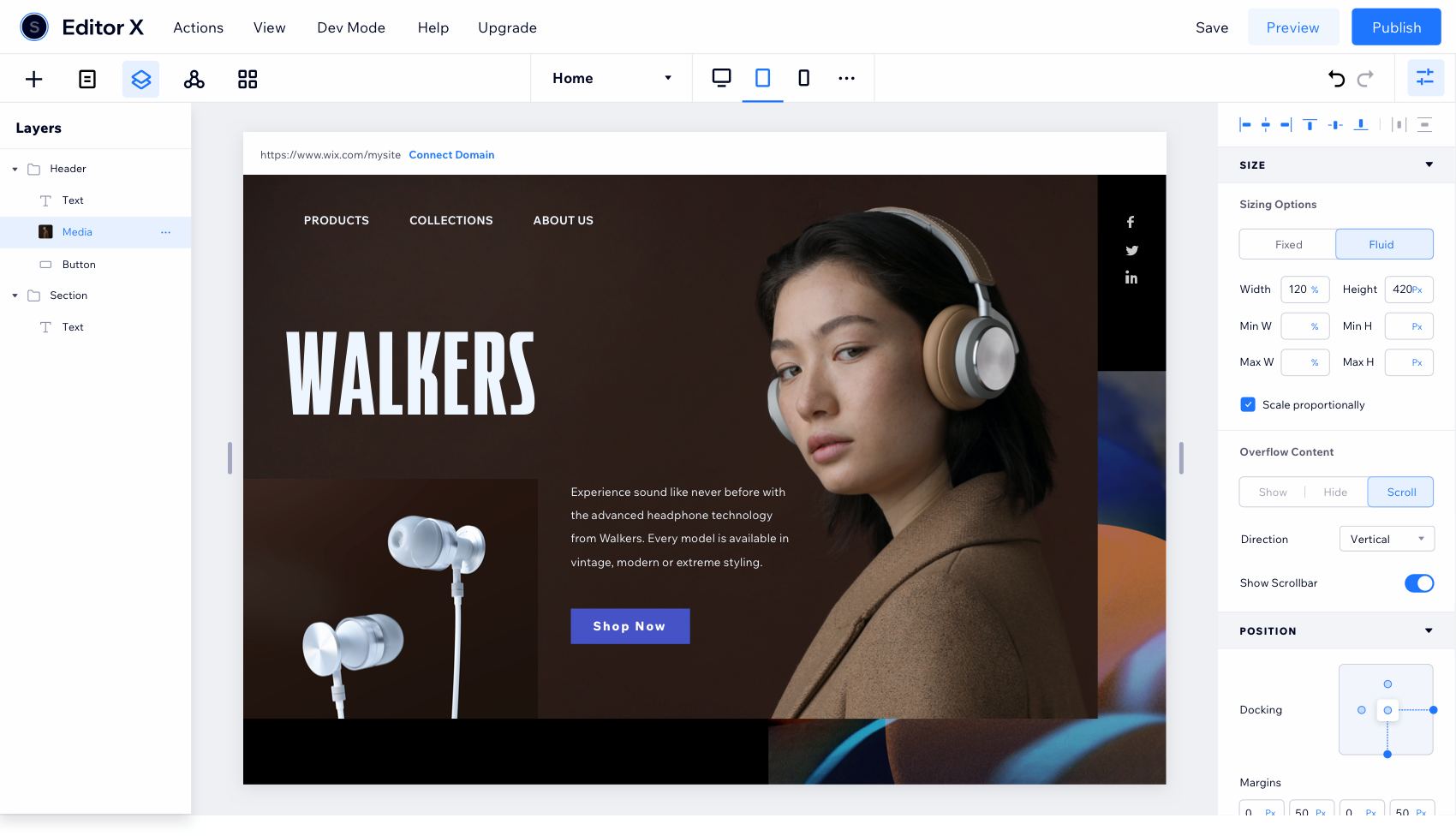 The Editor X interface is very different to Webflow design