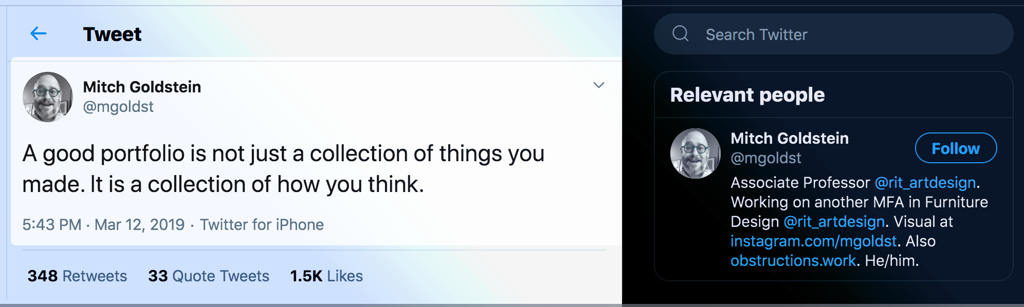 A tweet about how to create a portfolio. A good portfolio is not just a collection of things you made.