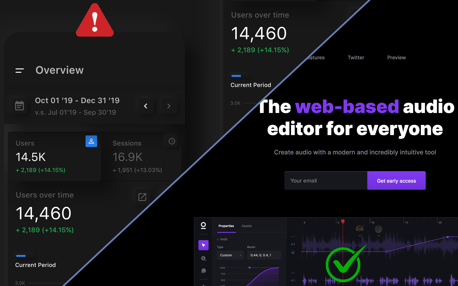 Good and bad contrast comparison for dark UI design.