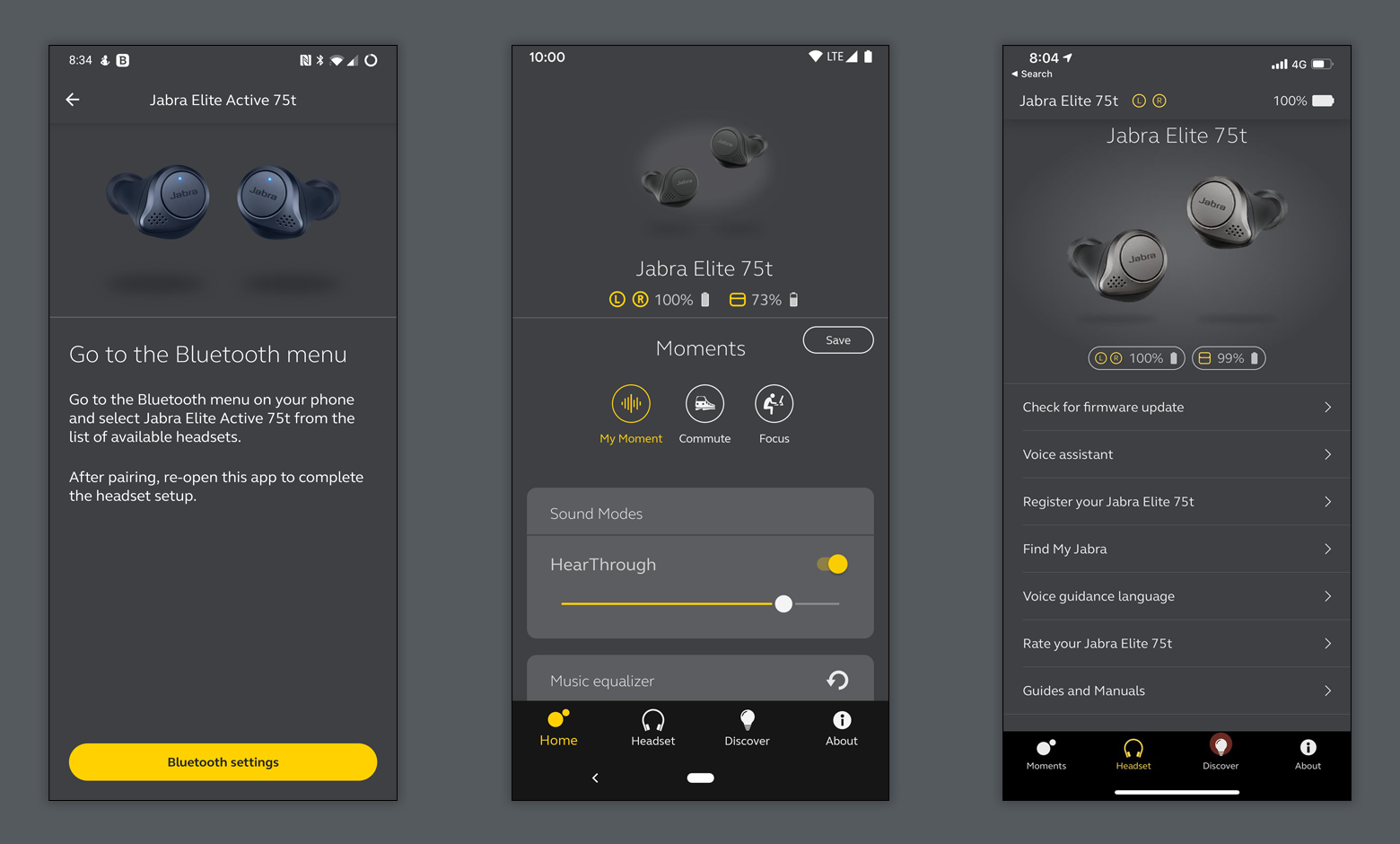 Jabra Elite 75t earbuds dark UI patterns and the use of color for their mobile app.