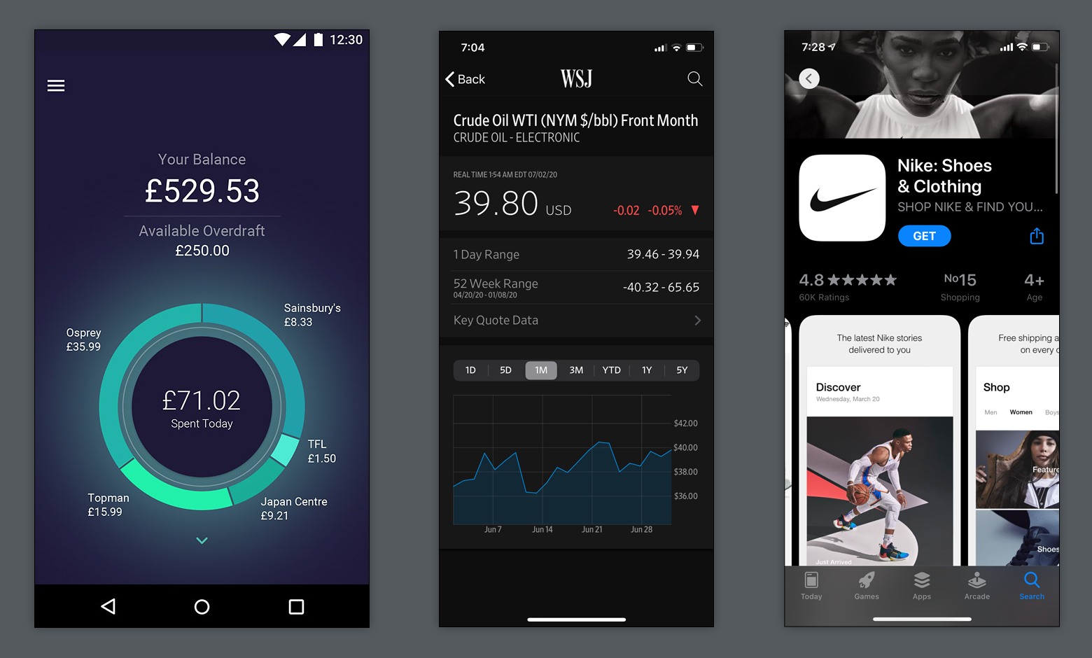 Dark UI color palette example: the best dark mode apps use a limited number of color accents.