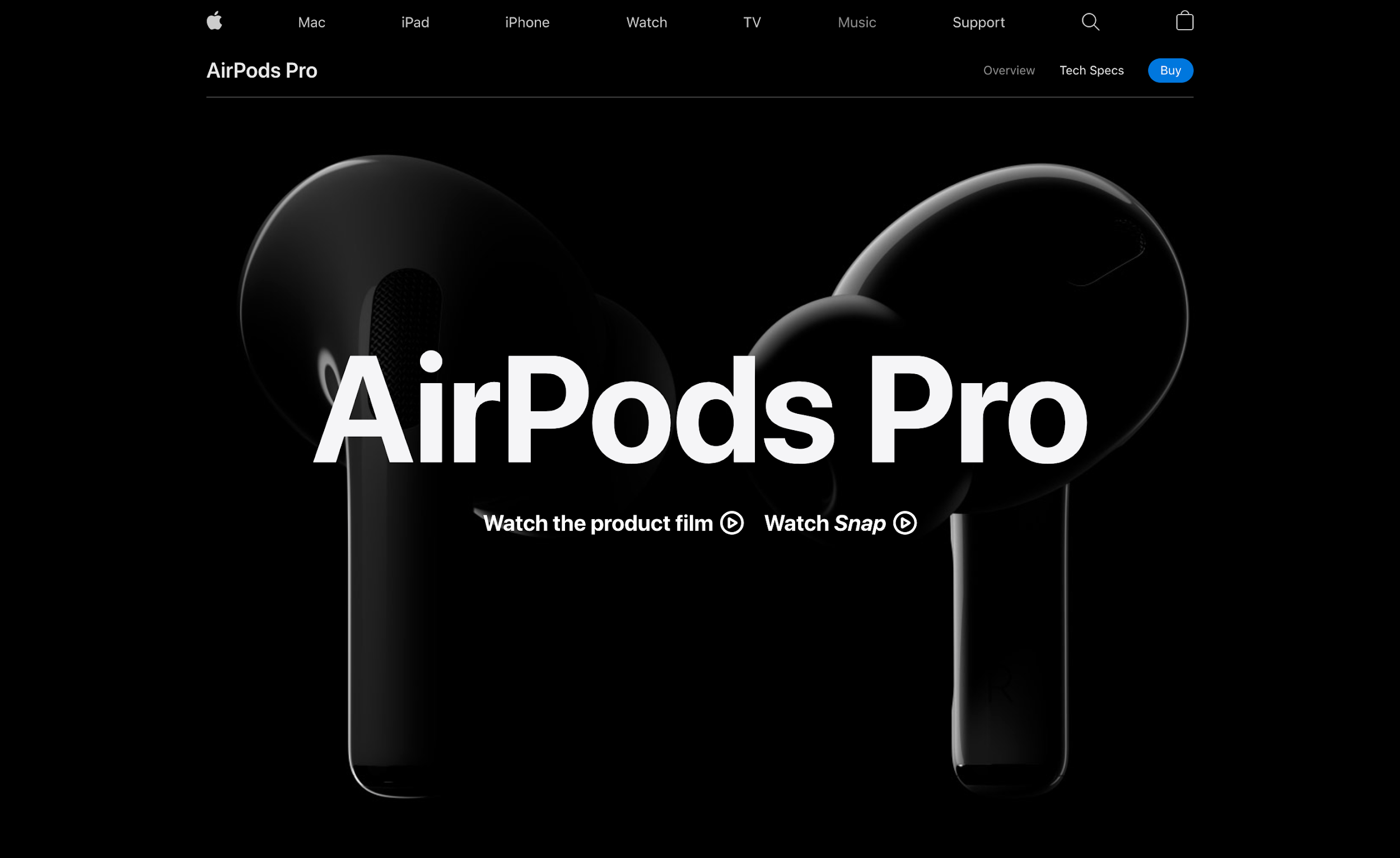 The AirPods Pro page uses a dark UI color palette with an oversized font and strong contrast for maximum impact.
