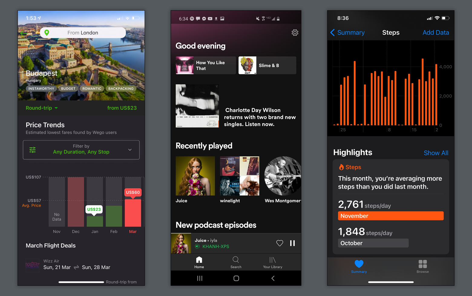 Dark UI design inspiration: mobile apps from Wego, Spotify, and Apple do dark UI design well.