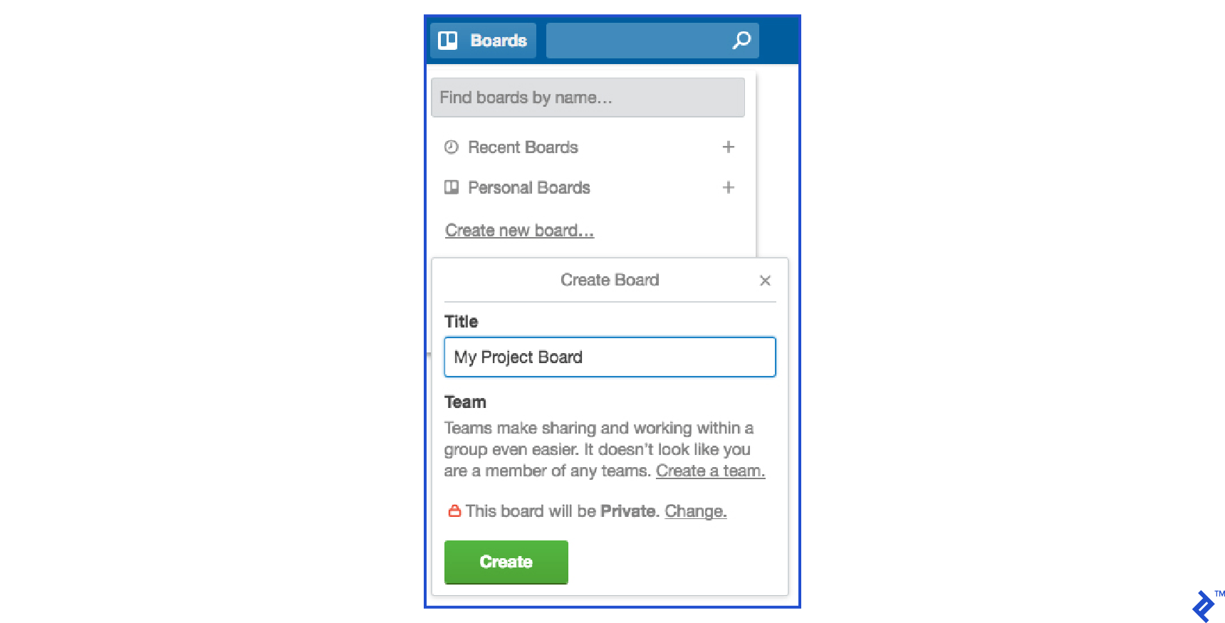 A screenshot of creating a board in Trello. There's a single field for the board title.