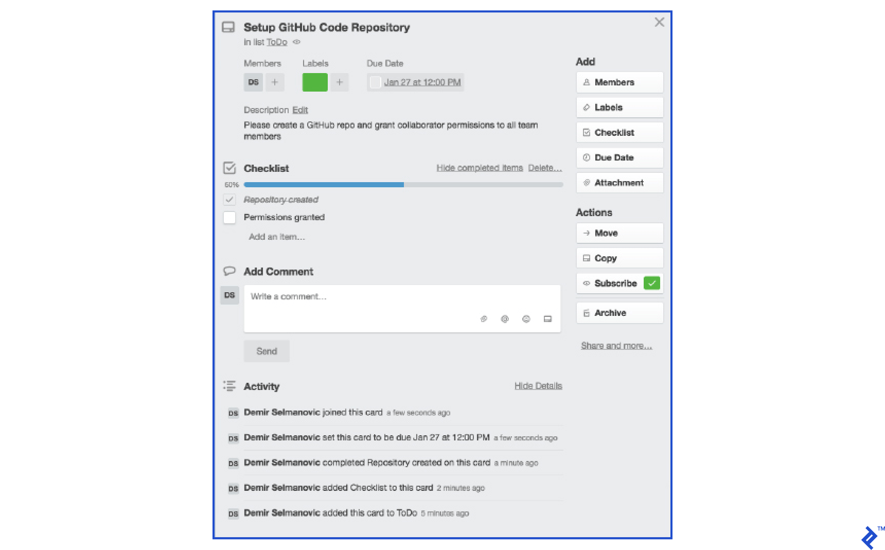 A screenshot of a Trello card's detail view, showing its title, sections for checklists, comments, and activity history, and possible card-level actions in a sidebar.