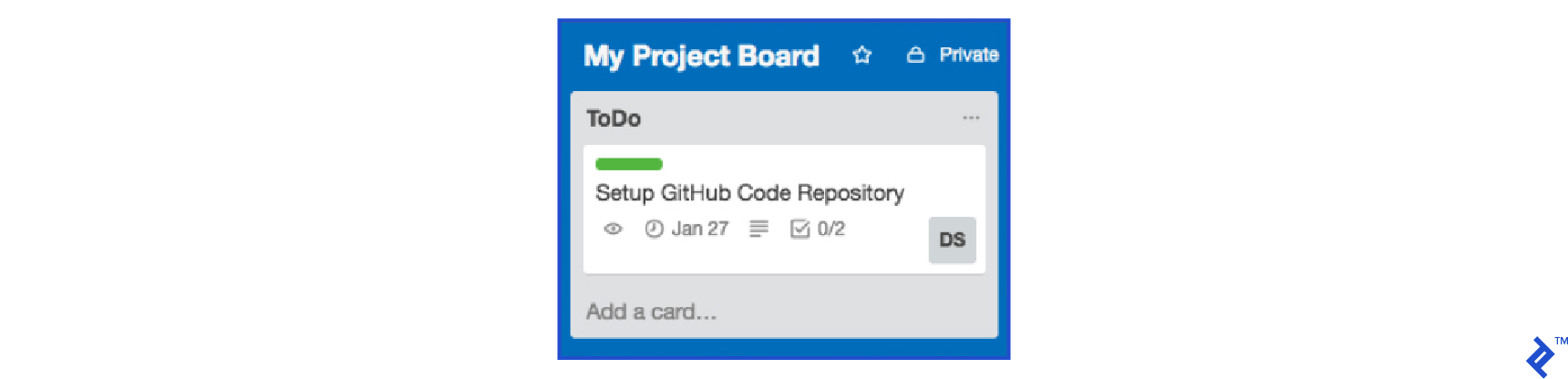 A screenshot of the previous card when viewed at the Trello board level, with the same elements described earlier, but matching the more recent card's details.