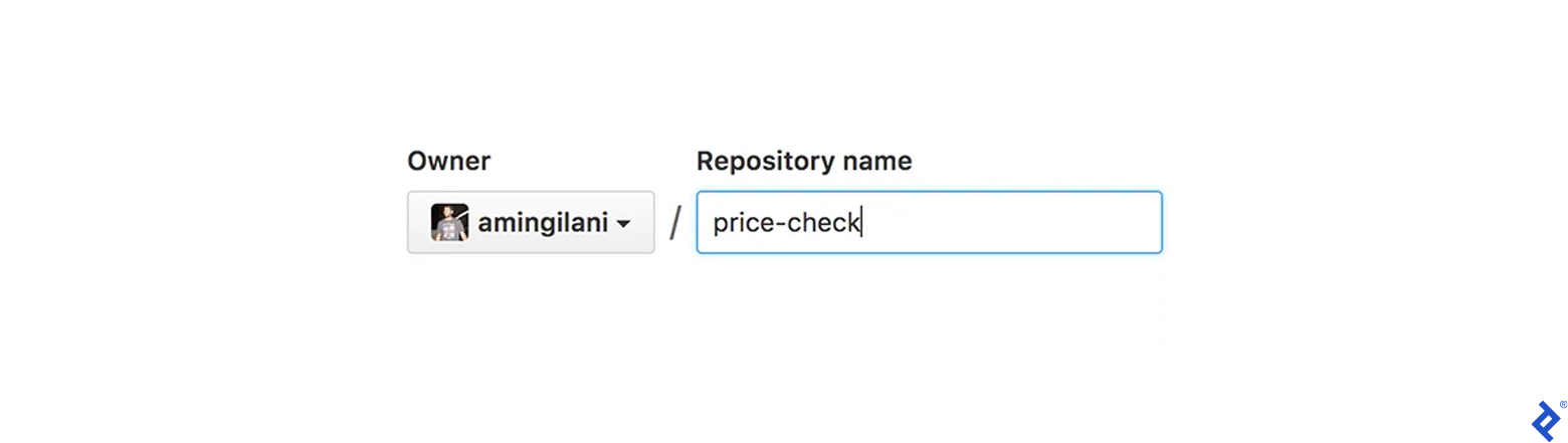 A screenshot of GitHub's new repository creation screen, with "Owner" and "Repository name" fields. The latter has the name "price-check" filled in.