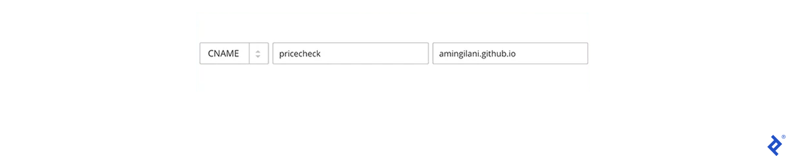 A screenshot showing a dropdown with CNAME selected, the name "pricecheck" typed in the middle field, and the domain "amingilani.github.io" typed in the right-hand field.