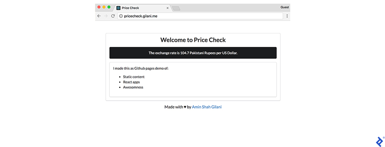 The same price check page in-browser, but now being accessed via pricecheck.gilani.me. This time the Secure label is absent.