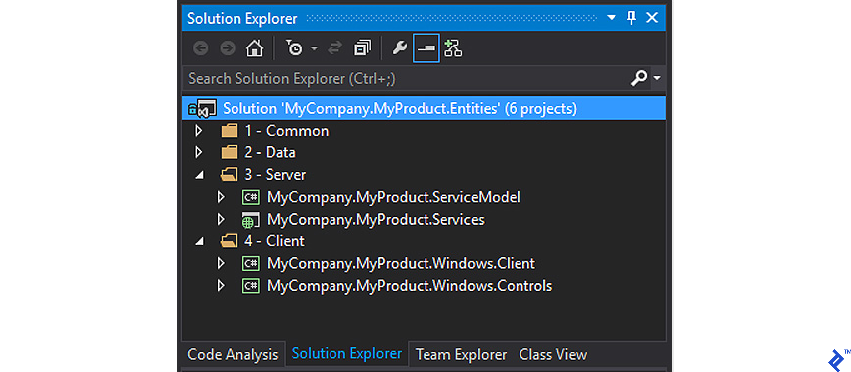 Solution Explorer window showing the project structure with folders "1 - Common", "2 - Data", "3 - Server", and "4 - Client".