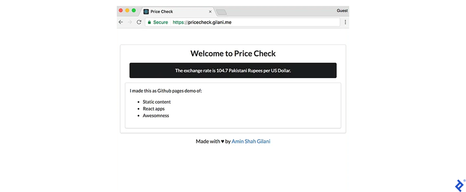 The same price check page in-browser as earlier, again being accessed via pricecheck.gilani.me, but this time the Secure label is once again present.