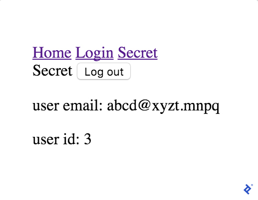The secret page, showing a user email and id.