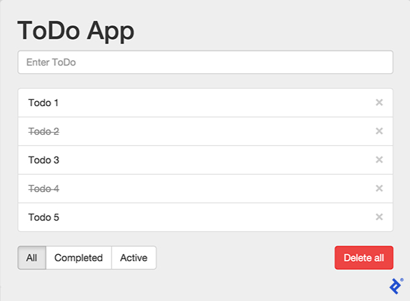 Immutable.js example: Todo App, with an "enter todo" field, five todos (second and fourth crossed out), a radio selector for all vs. completed vs. active, and a "delete all" button.