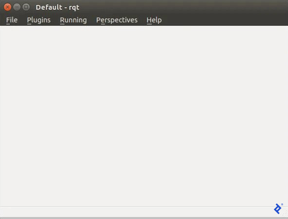 Screenshot of an empty GUI window entitled "Default - rqt," and with the menus File, Plugins, Running, Perspectives, and Help.