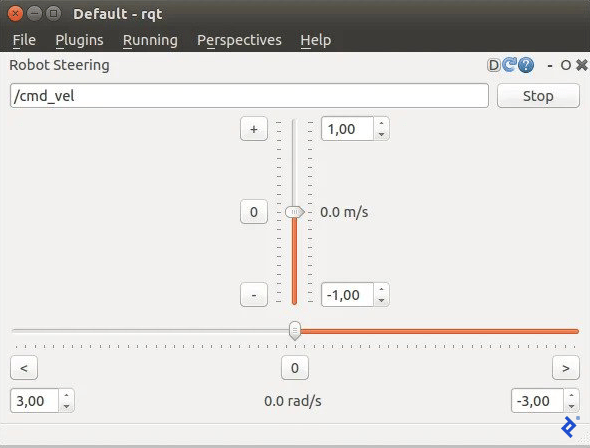 Screenshot showing the same window as previously, but with a Robot Steering interface---with D, reload, help, minimize, circle, and X icons---within it. The first line has a text box with "/cmd_vel" in it and a Stop button. Below that is a vertically centered vertical slider set to the middle at 0.0 m/s, with buttons on the left for +, 0, and -, and number controls above and below that read 1,00 and -1,00. Below that is a similar slider that's horizontal and measured in rad/s, set to 0 in the middle, with the number controls at 3,00 on the left and -3,00 on the right.