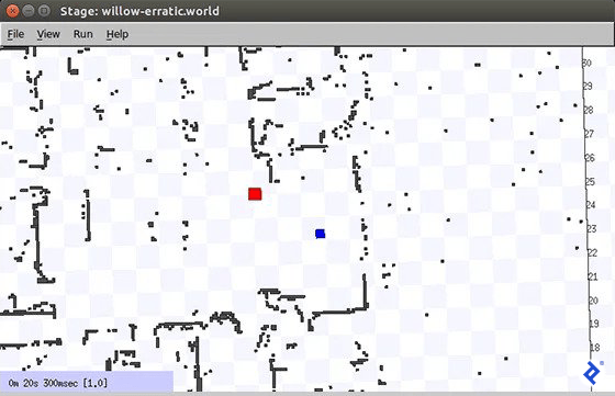 Screenshot of a window entitled Stage: willow-erratic.world. The status label reads, "0m 20s 300msec (1.0)." There's a scale at the right running from 18 at the bottom to 30 at the top, in increments of one. The main image is a checkerboard with main black dots and lines scattered throughout it, plus a blue square near the middle, and a slightly larger red square a few checkerboard squares away from that.