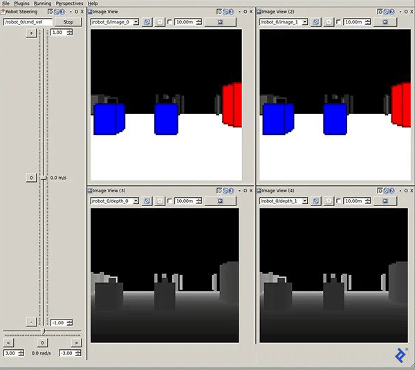 Screenshot showing a robot steering interface, with the textbox and sliders mentioned earlier, but the textbox reading "/robot_0/cmd_vel". To the right are four image views. The top two (image_0 and image_1) show two blue boxes and a red box in 3D. The bottom two (depth_0 and depth_1) show similar images to the top, but in greyscale, and in particular the foreground colored boxes here appear in a grey darker than the objects in the background.
