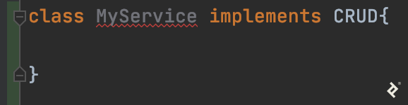 A screenshot of WebStorm showing an empty definition for a class called MyService that implements an interface called CRUD. The name MyService is underlined in red by the IDE.