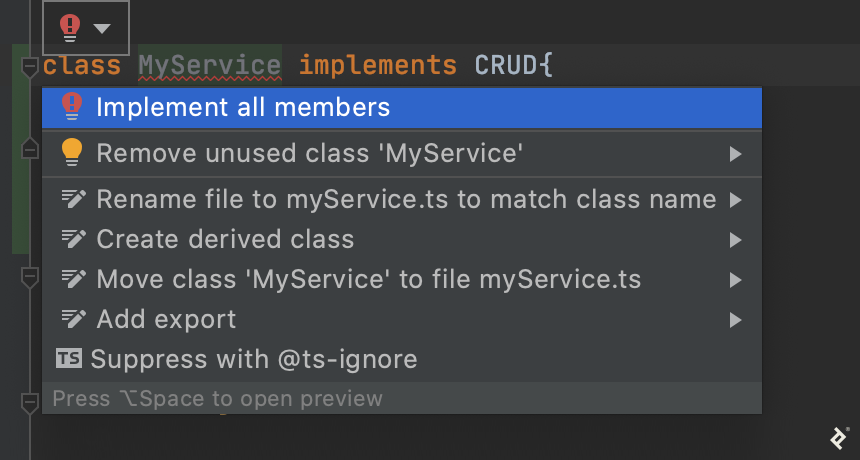 A screenshot similar to the previous one, but with a context menu listing several options, the first of which is "Implement all members."