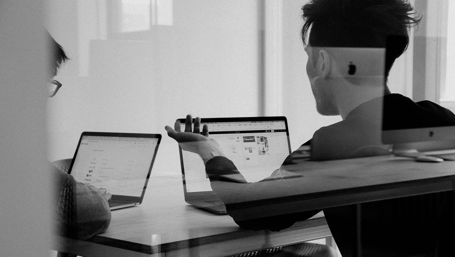 Discussing design in the office.