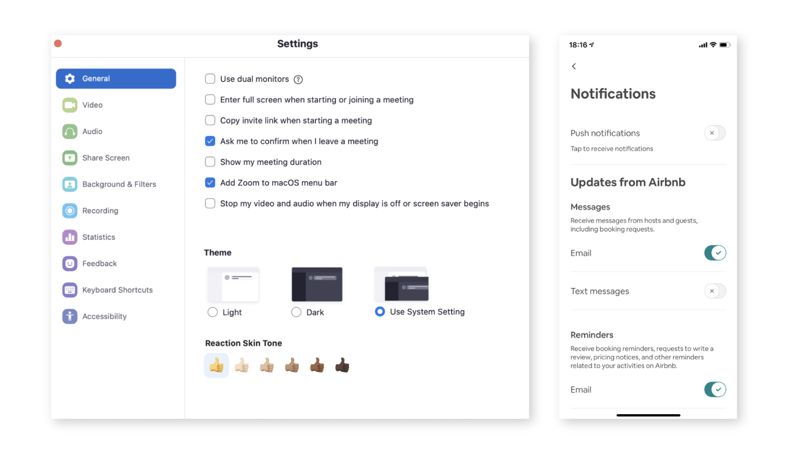 Radio buttons, checkboxes, and toggle switches are common UI components in app settings panels.