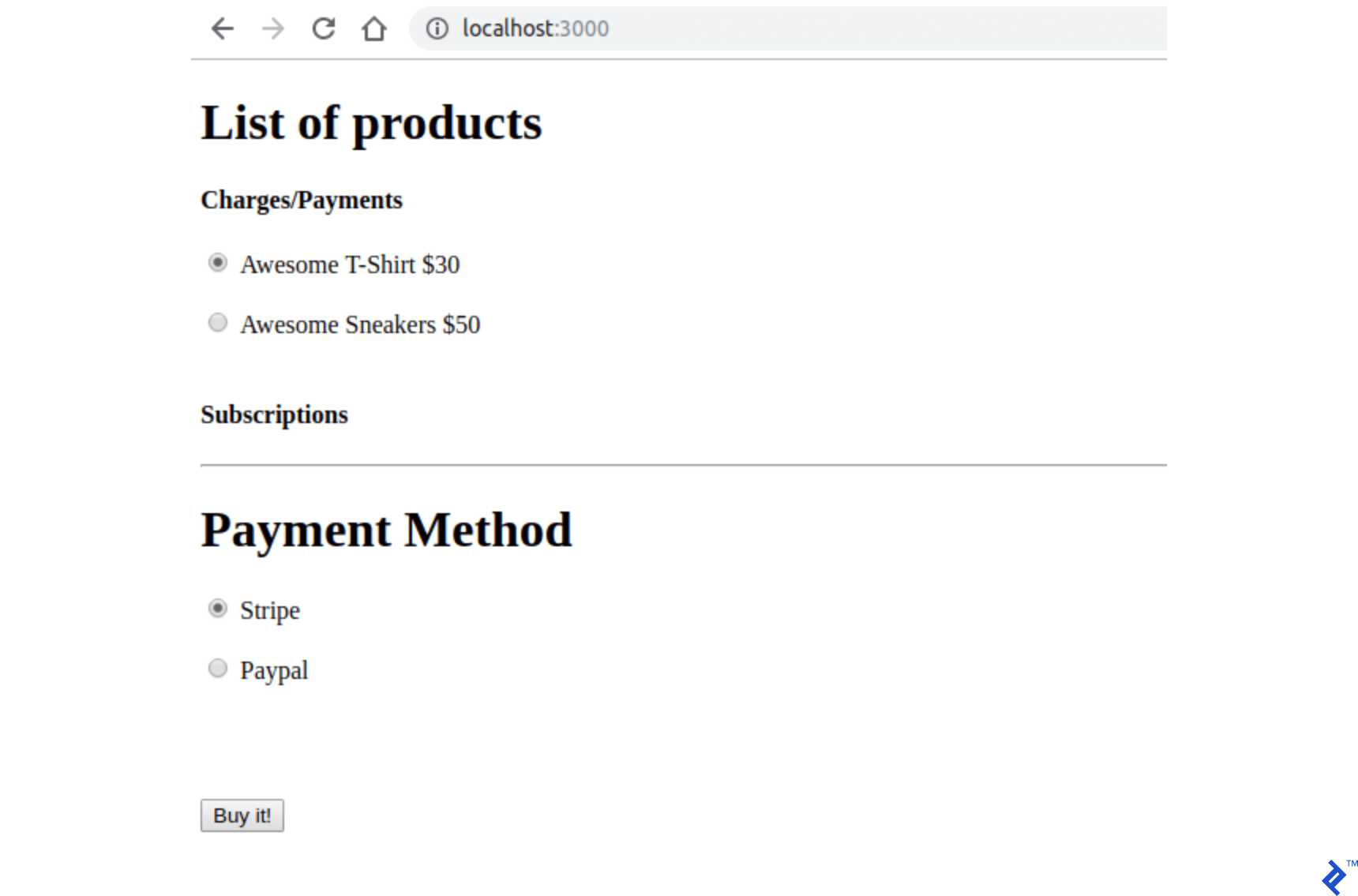 Raw index page without Stripe and PayPal integration