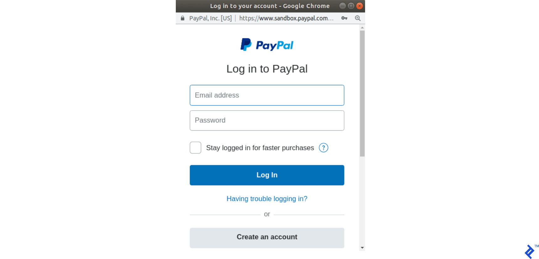 PayPal popup, user credentials