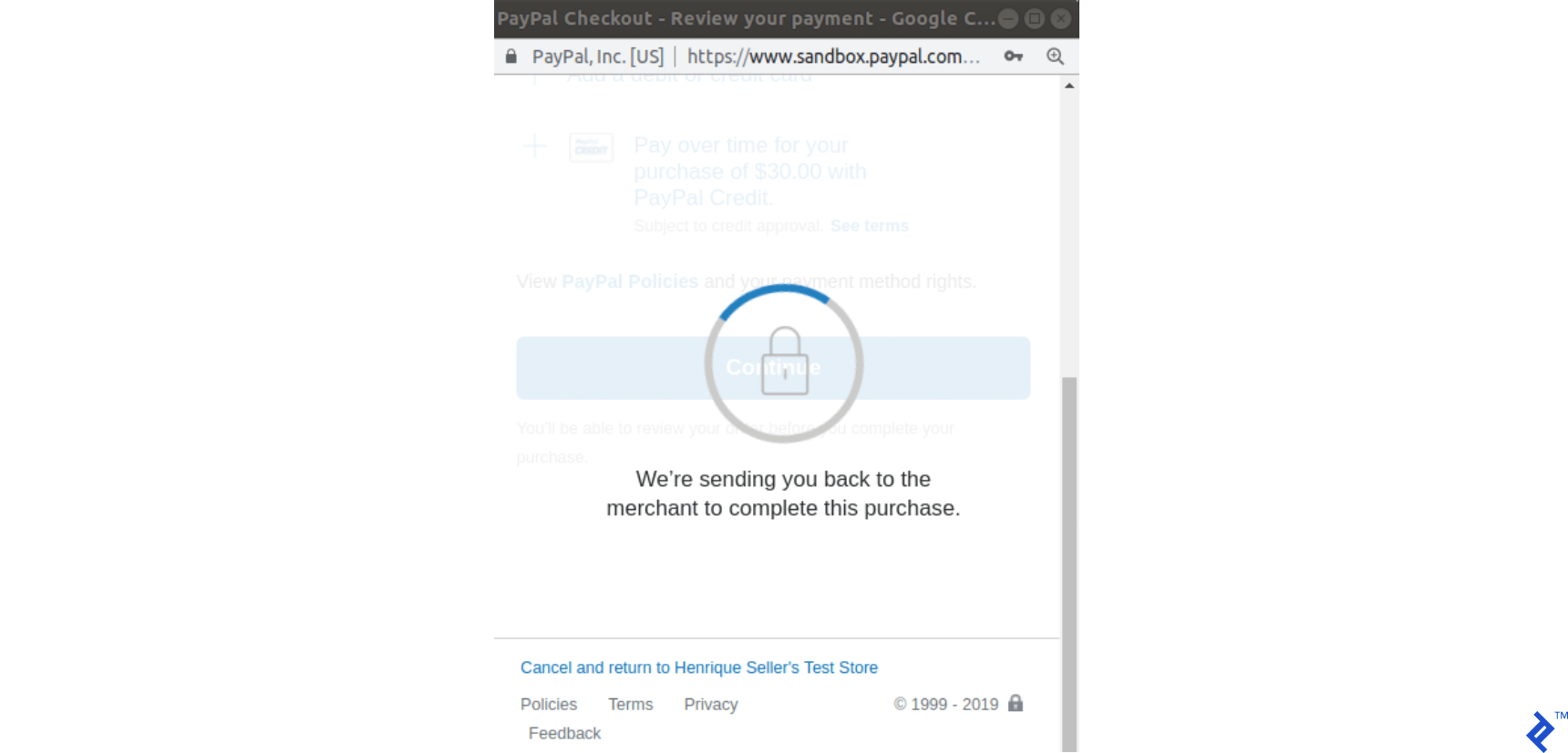 PayPal popup, authorized transaction