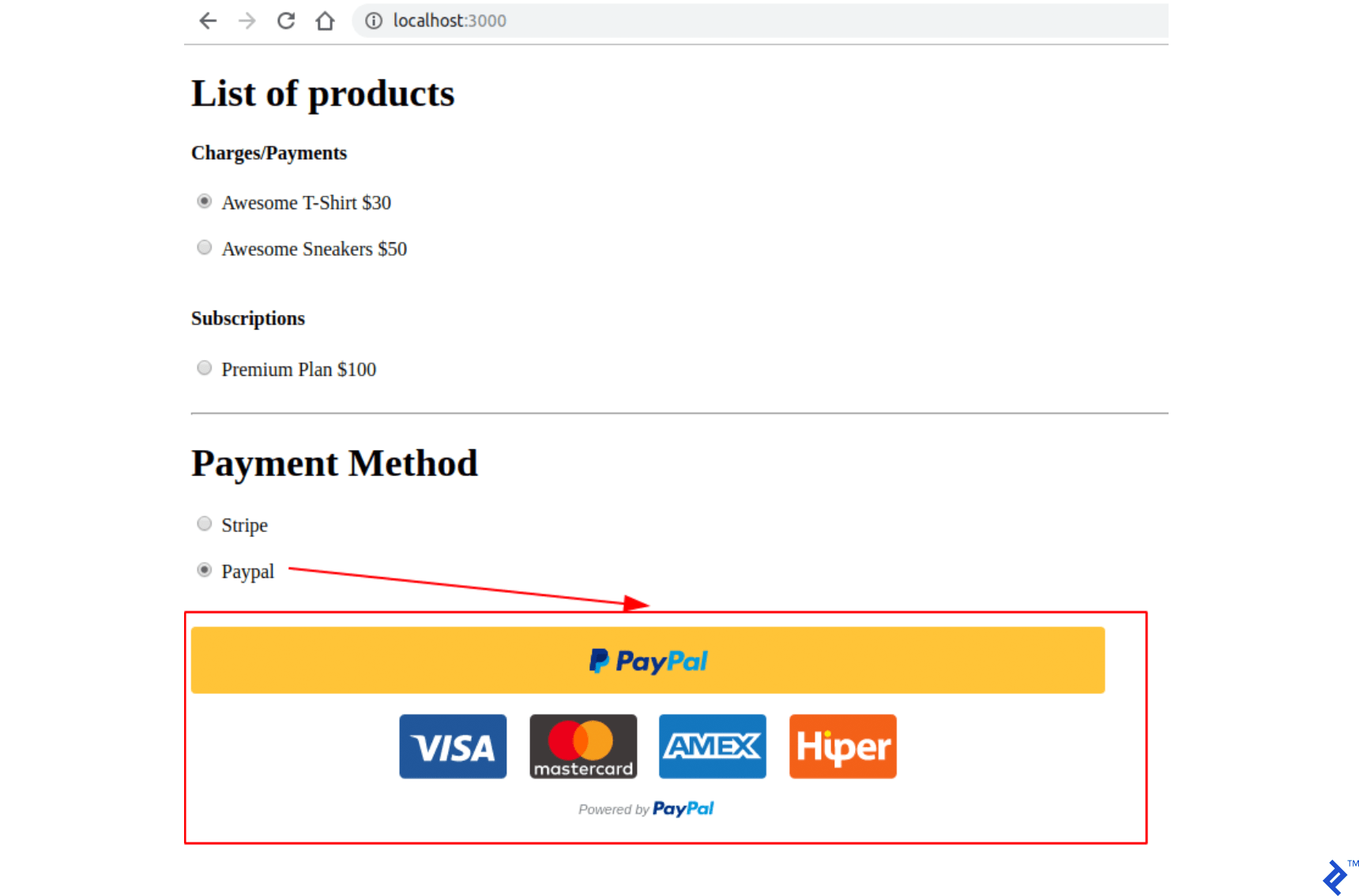 Index page after integration with PayPal