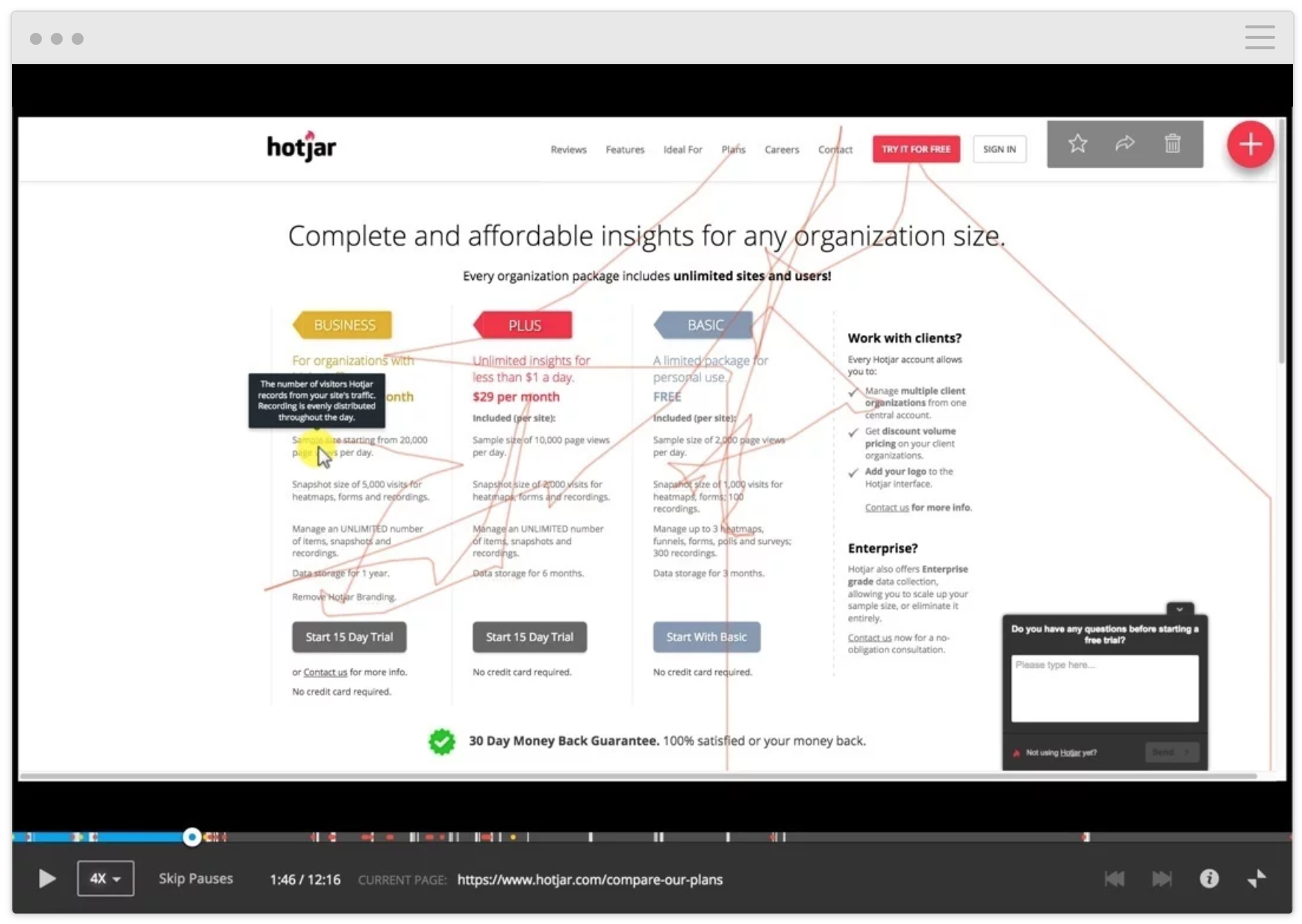 Hotjar recordings to replay user actions to evaluate UX