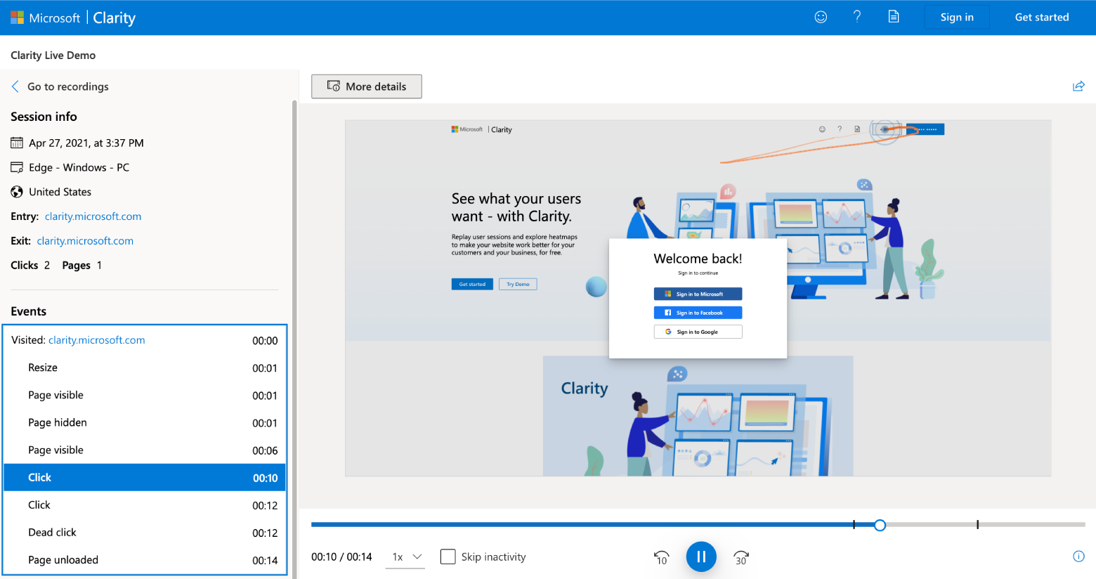 This is a screenshot of Microsoft Clarity's screen recording feature.
