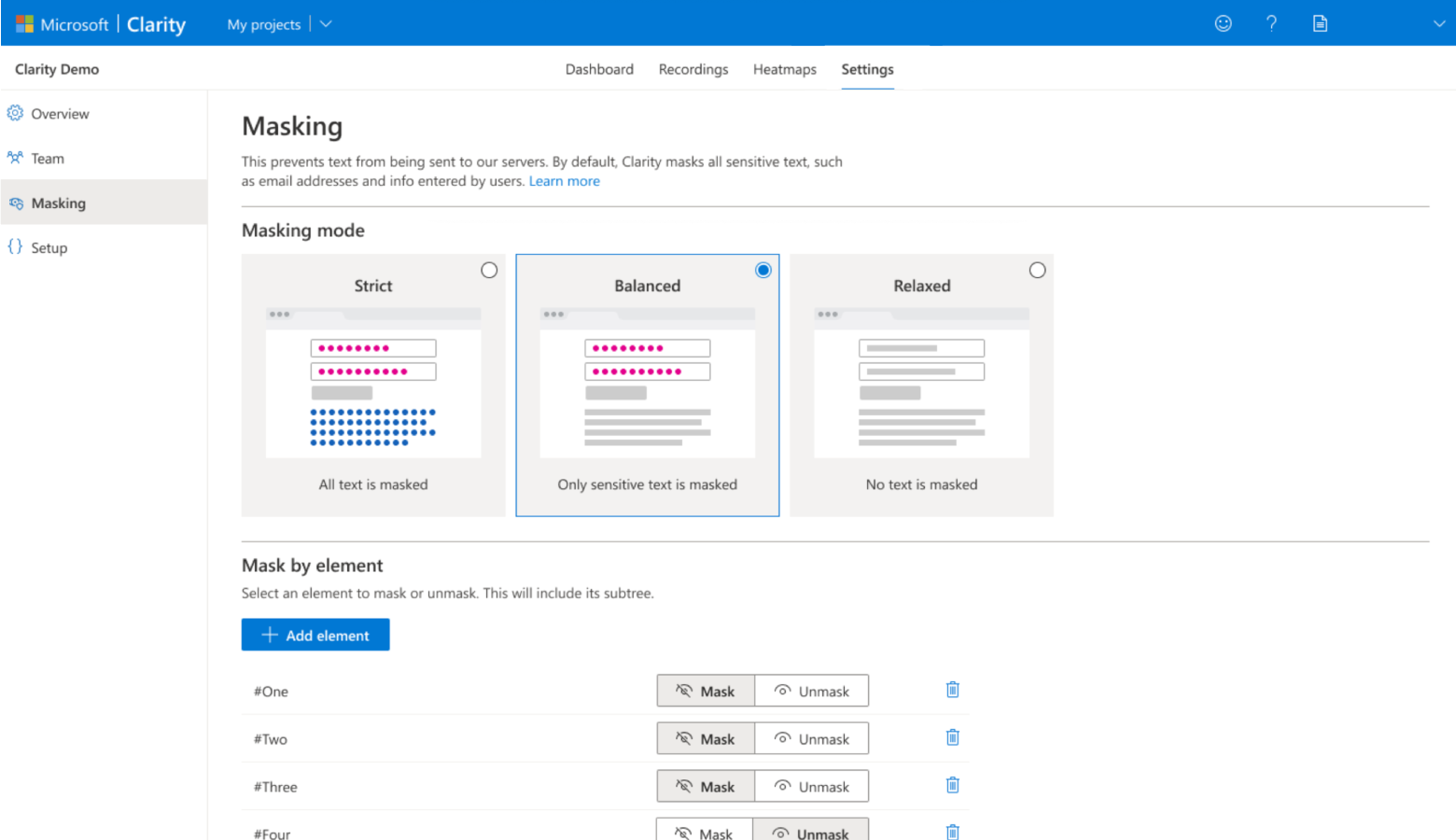 This is a screenshot of Microsoft Clarity's three masking modes.