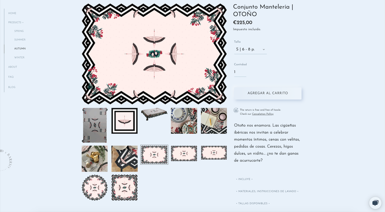  Product purchase page featuring 12 image options showing various sizes of tablecloth, close-ups of border and central detail, and inspirational place settings. To the right of the image is purchase and product information. The tablecloth shown is "Autumn," which is pink and features the signature black chevron border and four Iberian cranes (birds) arranged in a cross in the center.