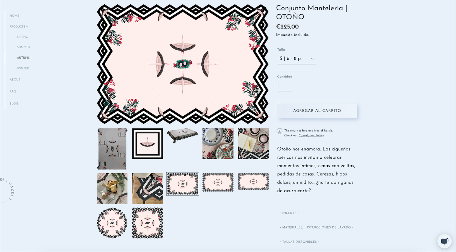 Product purchase page featuring 12 image options showing various sizes of tablecloth, close-ups of border and central detail, and inspirational place settings. To the right of the image is purchase and product information. The tablecloth shown is "Autumn," which is pink and features the signature black chevron border and four Iberian cranes (birds) arranged in a cross in the center.