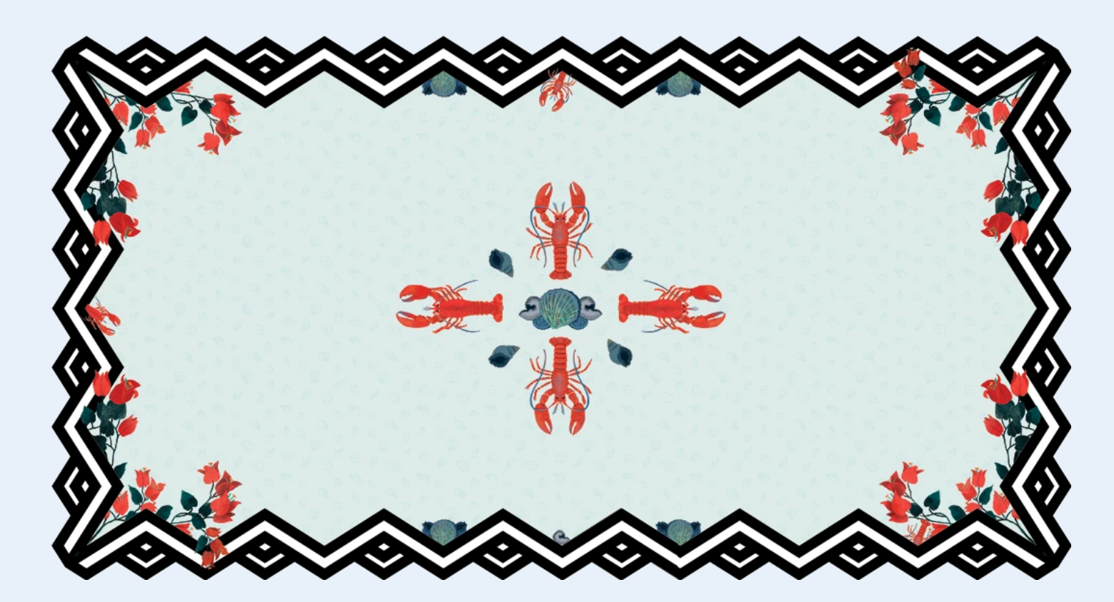  Overhead view of "summer" tablecloth pattern: Light blue background with bold black and white chevron design along border, interlaced with red flowers. In the center are four lobsters arranged in a cross, alternating with other seashells.
