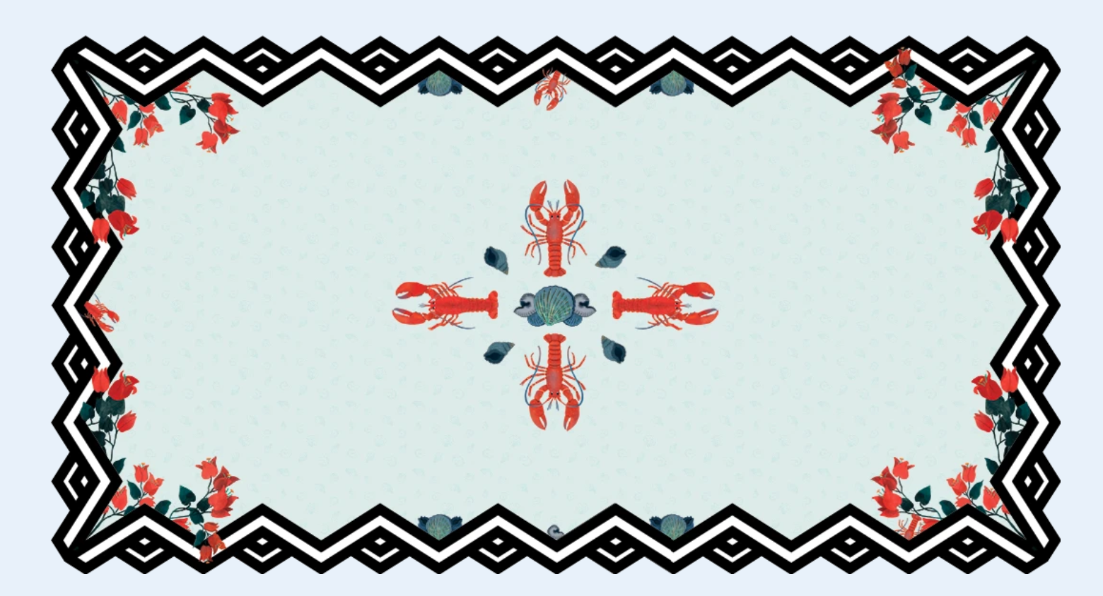 Overhead view of "summer" tablecloth pattern: Light blue background with bold black and white chevron design along border, interlaced with red flowers. In the center are four lobsters arranged in a cross, alternating with other seashells.