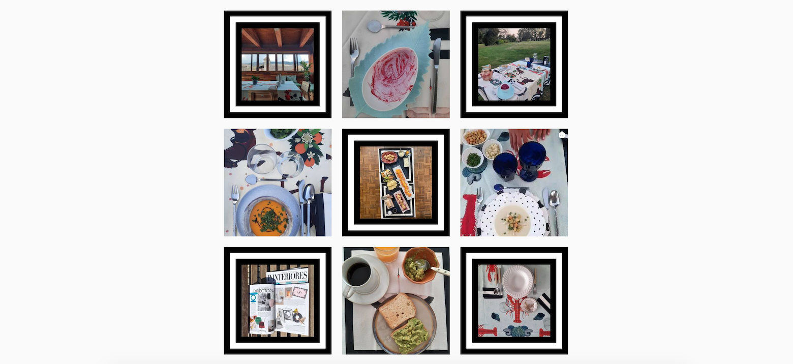  Screenshot of Prado y Barrio's Instagram account page. The selection features a 3 by 3 grid of 9 photos, alternating the use of thick black-and-white borders, creating a checkerboard patterns. 