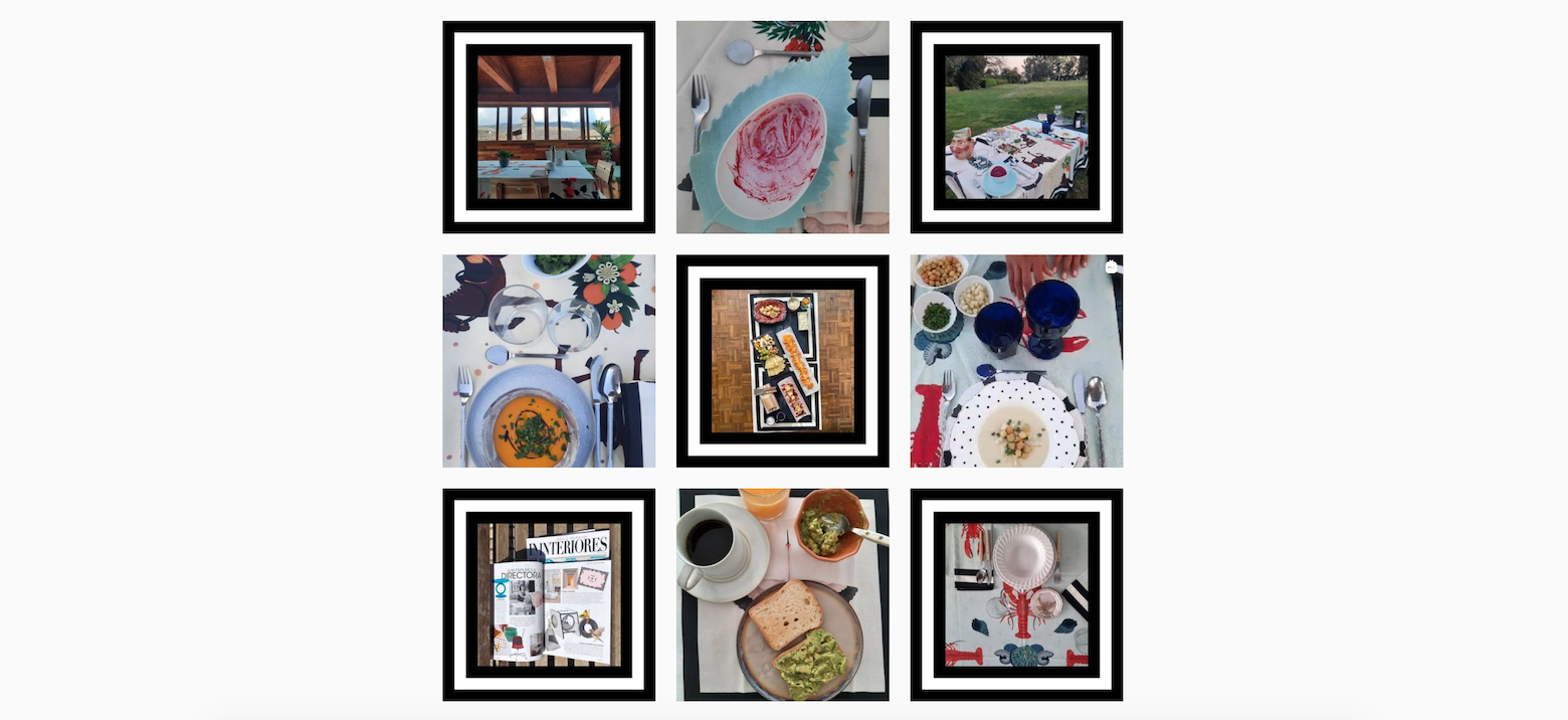 Screenshot of Prado y Barrio's Instagram account page. The selection features a 3 by 3 grid of 9 photos, alternating the use of thick black-and-white borders, creating a checkerboard patterns.