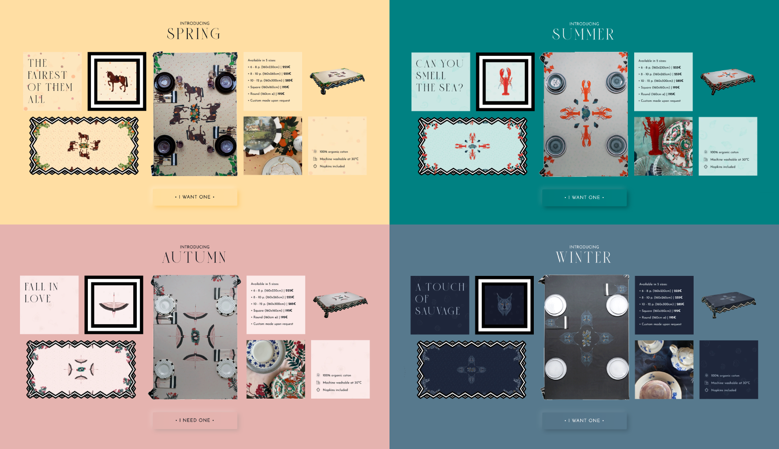A collage of the four seasonal product images, each situated against its own color background to create a sense of distinctiveness and create a greater sense of variety.