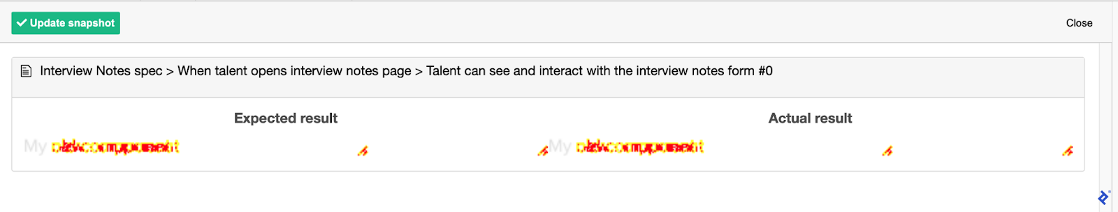 Screenshot depicting the expected result and actual result of the test run.